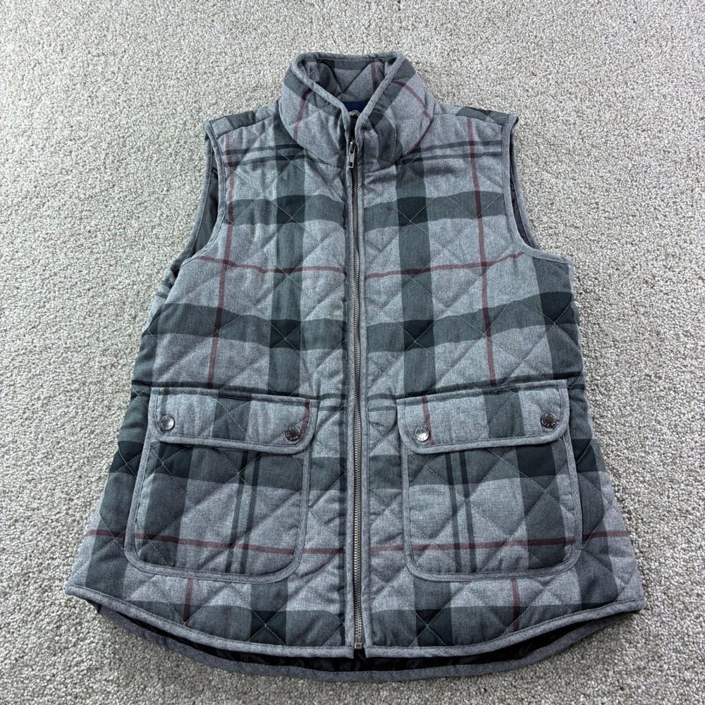 BRITISH KHAKI Quilted Plaid Vest Womens Size L Stand Collar Pockets‎ Zip Front